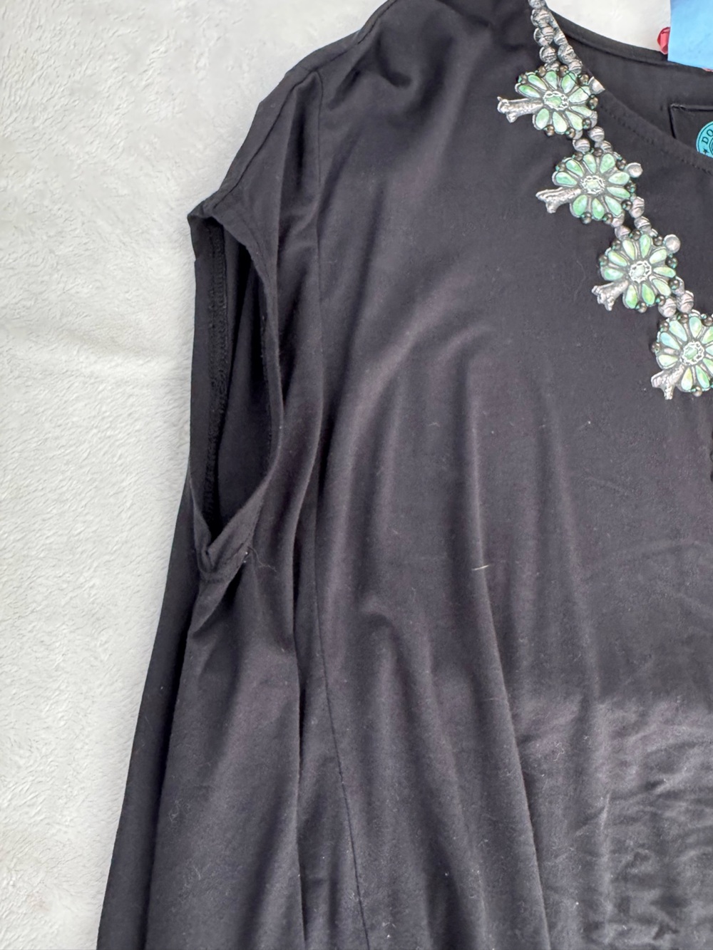 Double D Ranch Black Tunic Top with Mint Green Embellished Necklace Detail